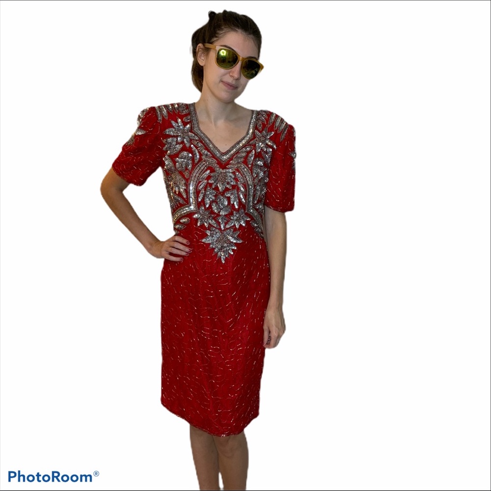 Sweelo 80’s VTG Red & Silver Sequined Beaded Silk  Trophy Dress please Read